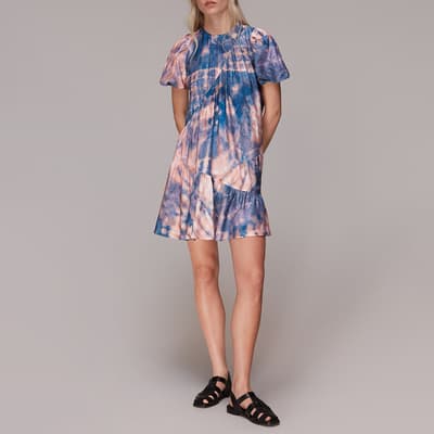 Blue Tie Dye Trapeze Silk Blend Dress