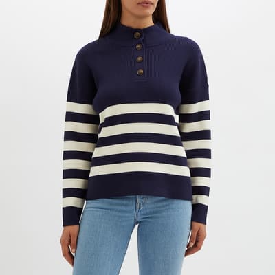 Navy Funnel Neck Button Knit Jumper