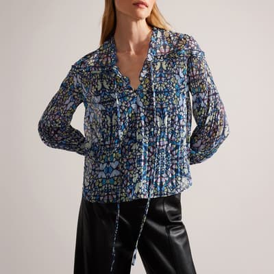 Blue Florrei Tie Neck Blouse