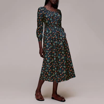 Black Floral Print Poplin Cotton Midi Dress