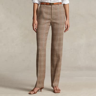 Beige Plaid Wool Blend Twill Trousers