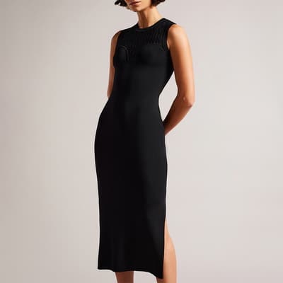 Black Polyan Stitch Detailed Bodycon Dress