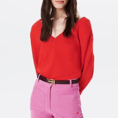 Red V-Neck Knit Cashmere Blend Jumper