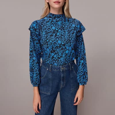 Blue Boho Frill Shoulder Jersey Top