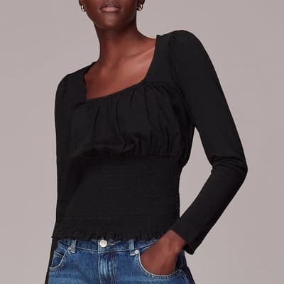 Black Square Neck Shirred Top