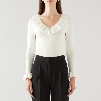 White Frill V-neck Top
