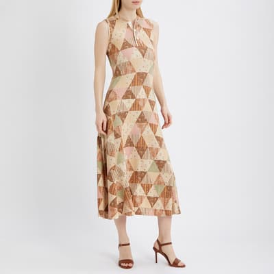 Tan Printed Cotton Blend Midi Dress