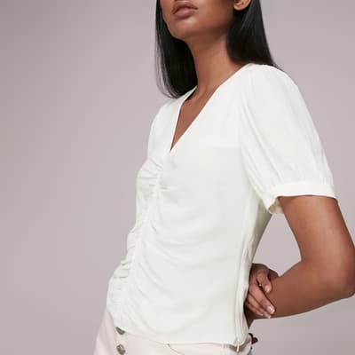 White V-Neck Gather Detail Top