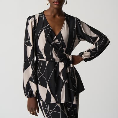 Black V-Neck Tie Printed Blouse